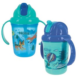 Nuby - Taza de dos asas para entrenador sin derrames, con pajita suave | Flip-n Sip | Paquete de 2: animales azules y coches azules, viajes acuáticos, animales azules o animales rosados y Aqua Ocean