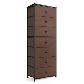 Tall Fabric Dresser for Bedroom, Vertical Storage Organizer Tower with 7 Drawers, Chest of Drawers with Bins, Steel Frame, Wood Top for Bedroom, Closet, Entryway Grey