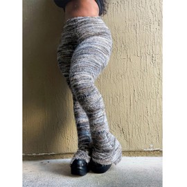 Women's Fleece Stacked Legging Pants High Wasited Colorful Fuzzy Strip Bell Bottom Knit Y2K Party Club Sweatpants (Brown Grey, L)