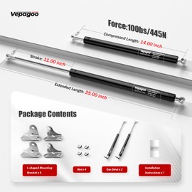 Vepagoo Gas Struts 25 Inch 100 lb / 445N Shock for Heavy Lid, RV Bed Lift Kit for Storage And Hatch Door, Heavy Duty Springs for Box Lid And DIY,Set of 2