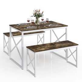 VECELO Wood Dining Table Set for 4 with Bench Kitchen Table Breakfast Table Furniture - Dark Brown