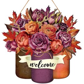 Geetery Fall Front Door Decoration Welcome Mason Jar Door Signs Vintage Wooden Fall Wall Decor Fall Hanging Wreath Signs for Autumn Home Door Wall Decor