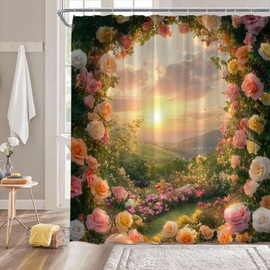 Floral Shower Curtain White Pink Flower Garden Rose Wildflower Plants Sunshine Mountain 70" Wx70 H Fabric Bathroom Decor Curtain with Hooks