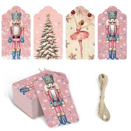 Whaline 60Pcs Christmas Paper Tags Pink Nutcracker Xmas Tree Hanging Labels Name Tags with Hemp Rope for Winter Party DIY Crafts Supplies