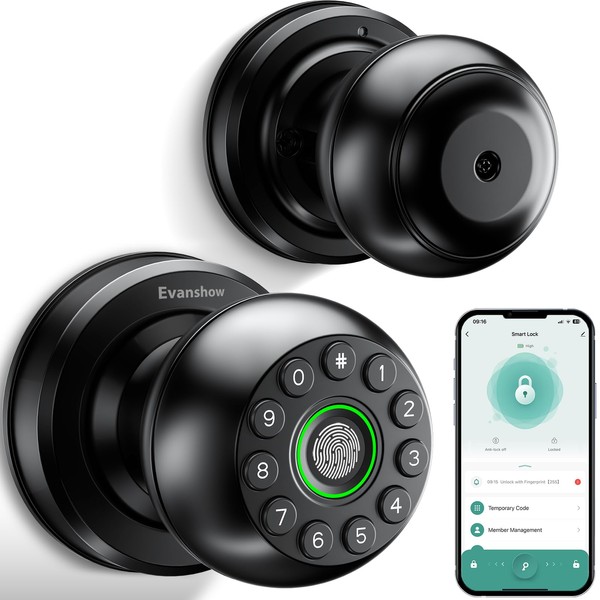 Evanshow Smart Door Knob Fingerprint Lock 4-in-1 Keyless Entry (Fingerprint/App/Code/Key)
