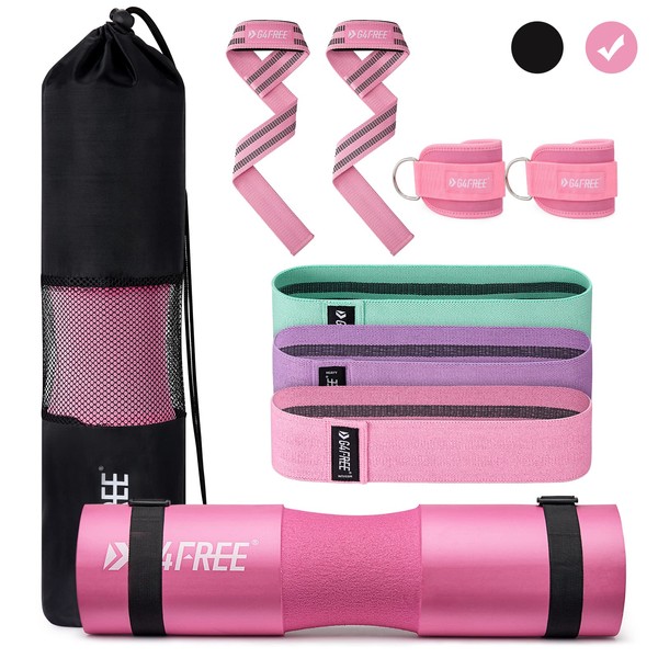 G4Free 9Pcs Barbell Pad Set for Squat, Hip Thrusts, Lunges, Leg day, Standard Olympic Bars with 2 Gym Ankle Safety Straps, 3 Hip Resistance Bands, 2 Lifting Strap, Barbell Pad, and Carry Bag Pink