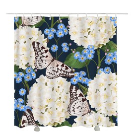 Olikked Vintage Floral Bath Shower Curtain Set White Hydrangea and Forget-Me-Not Flowers and Butterfly Shower Curtains Home Decorative Waterproof Polyester Fabric with Hooks 72x72 Inch