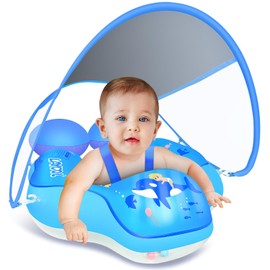 Upgraded No Flip Over Baby Pool Float, Baby Float with Canopy UPF50+, Inflatable with Double Air Chambers,Five Safety Protection Anti-flip Safe, Baby Swimming Float with 2 Tail for 6-36 Months