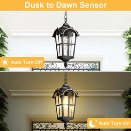 Slypadan Outdoor Pendant Light Dusk to Dawn for Porch,Anti-Rust Aluminum Outdoor Chandelier, Waterproof Exterior Hanging Lighting Fixtures for Front Door, Gazebo, Black Finish with Gold Edges