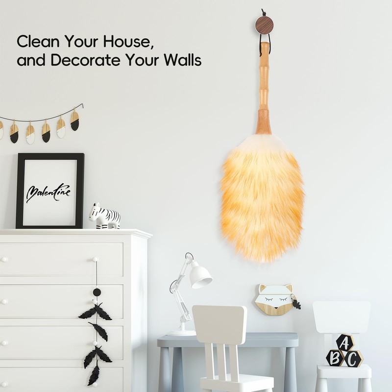 FeelfunFeather Feather Duster, Lambswool Duster for Cleaning,with Solid Wooden Handle,Leather