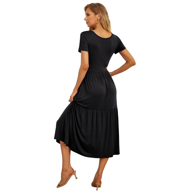 GRECERELLE Women's Summer Casual Short Sleeve Crewneck Tiered Flowy Maxi