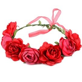 Flower Crown Rose Peony Garland Headband Hair Wreath Floral Headpiece with Adjustable Ribbon Wedding Festival Party (red)
