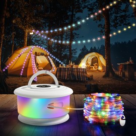 TOHETO Camping String Lights, 3 in 1 Upgraded Retractable RGB Outdoor String Lights with 19 Lighting Modes, Quick 30s Recovery, 32.8 FT Portable Tent Lights, Rechargeable Camping Lantern (White)