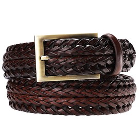 Earnda Men's Genuine Leather Braided Belt Buckle Fashion Woven Brown Strap 33mm 42inches