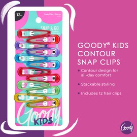 Goody Kids Snap & Go Contour Clips - 12 Count, Rainbow - Snap Clips - Suitable for All Hair Types - Pain-Free Hair Accessories for Girls and Boys - All Day Comfort