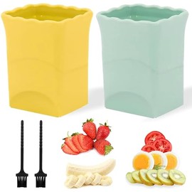 Paquete de 2 cortadores de fresa y huevo, cortador de copa con cuchilla de acero inoxidable afilada para frutas suaves - plátano, kiwi - máquina rápida para ensalada de frutas (amarillo y verde)
