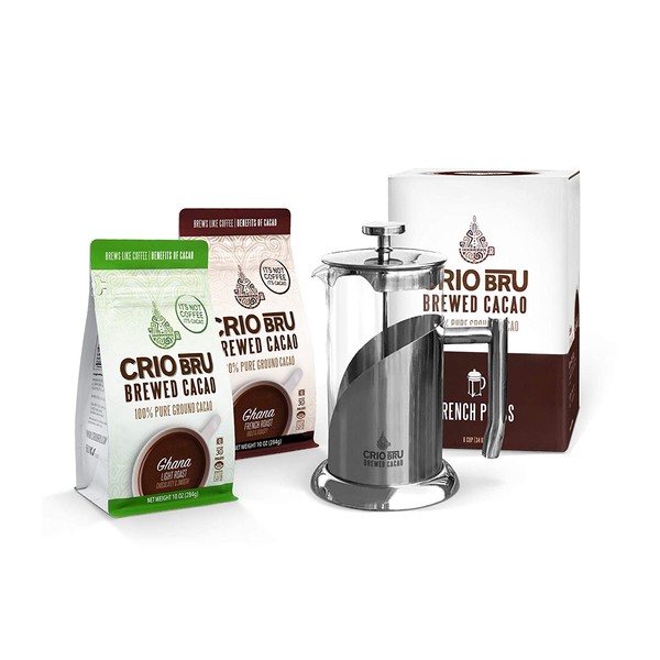 Crio Bru Welcome Starter Kit (2 10oz Bags + French Press) | Natural Healthy Brewed Cacao Drink | Great Substitute to Herbal Tea and Coffee | 99% Caffeine Free | Keto Whole-30 Honest Energy