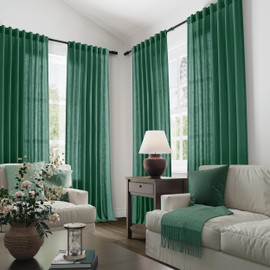 Joywell Emerald Green Linen Semi Sheer Curtains 84 Inches Length Light Filtering Neutral Farmhouse Boho Rod Pocket Back Tab Hook Belt Clip Rings Window Drapes for Bedroom Living Room 2 Panels 52x84