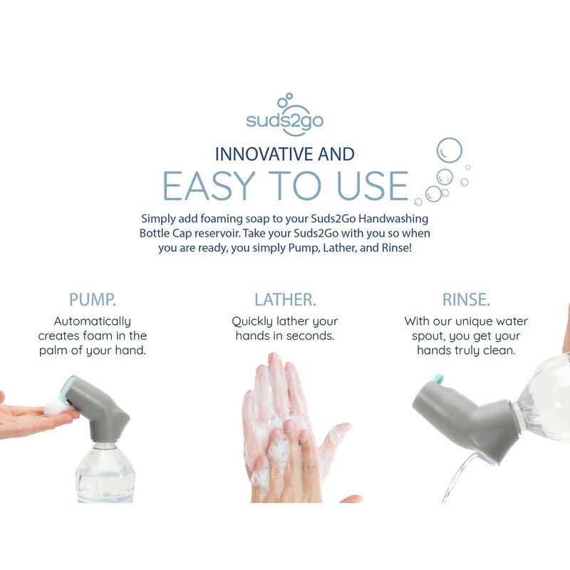 Suds2go Water Bottle Wash Refillable Caps 2-Pack, Portable Hand Washing
