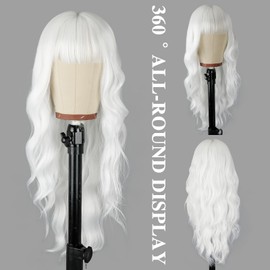 NOSTALGIA White Wig With Bangs White Long Wavy Wigs for Women,Long Curly Synthetic Wig for Party Cosplay Daily Use