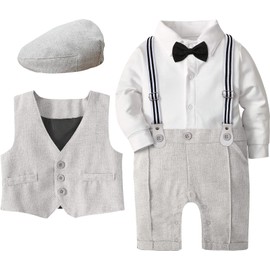 mintgreen Baby Boy Formal Straps Suit with Hat, Light Grey, lightgrey