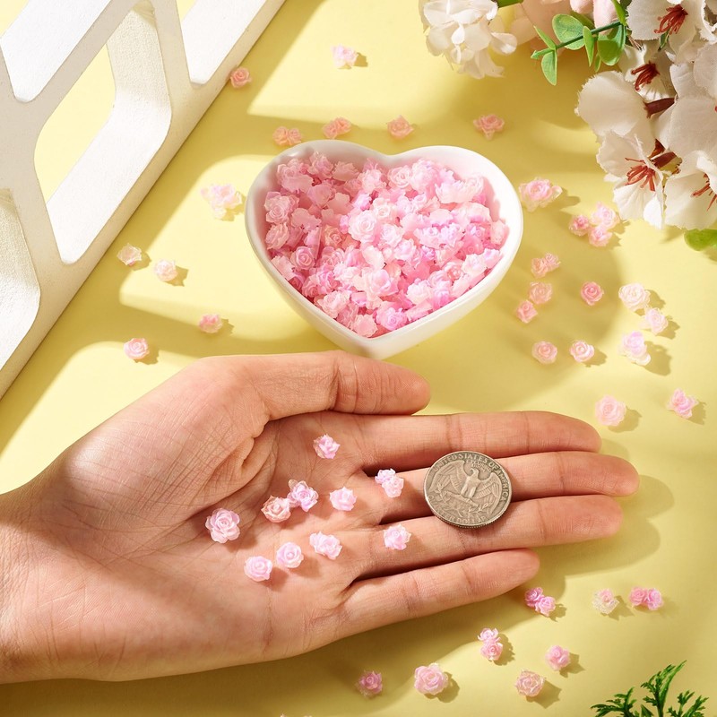 200Pcs Mini Pink Flower Charms for Crafts 3D Rose Flower