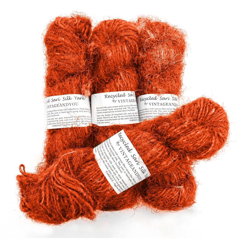 (Orange) - 100g Recycled Sari Silk Yarn Hand-spun Orange Soft