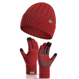 INSISMY Men Winter Warm Beanie Hat Touchscreen Gloves Set Knit Skull Cap Thermal Anti-Slip Gloves with Fleece Lining