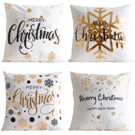 LAXEUYO Christmas Cushion Covers 18x18, Xmas Series Golden Snowflake Pattern Velvet Fiber Decorative Throw Pillow Covers Pillow Cases for Sofa