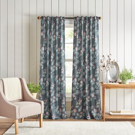 Martha Stewart Floral Curtains Room Darkening Botanical Flower Grey Back Tab Window Curtain Panel Pair, Norah, 95", Charcoal