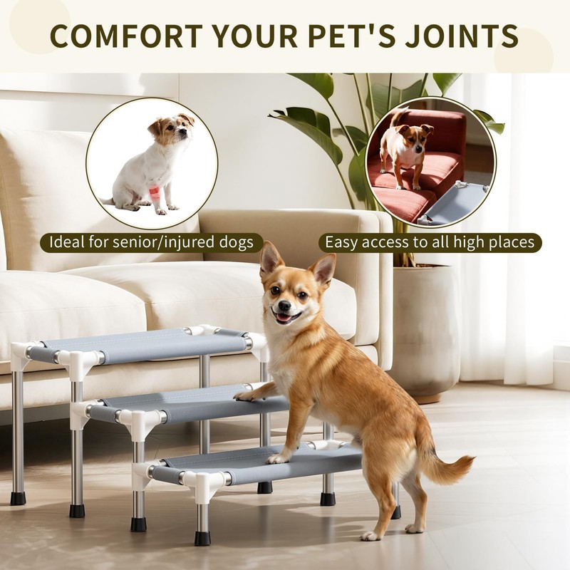 13 Inch 3-Tier Dog Stairs, Cotton Fabric Steps with Non-Slip