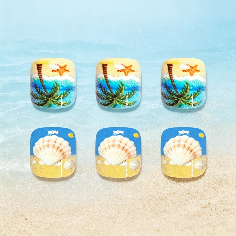 Ocean Beach Press on Toenails with Seashell Design Short Square