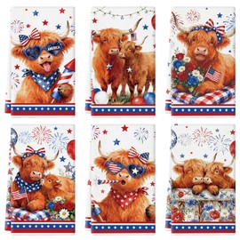 QIONG MENG 4th of July Kitchen Towels 14x21 Inch Highland Cow Dish Towels Memorial Day Independence Day Patriotic Drying Hand Towels Home Kitchen Decoration Set of 6