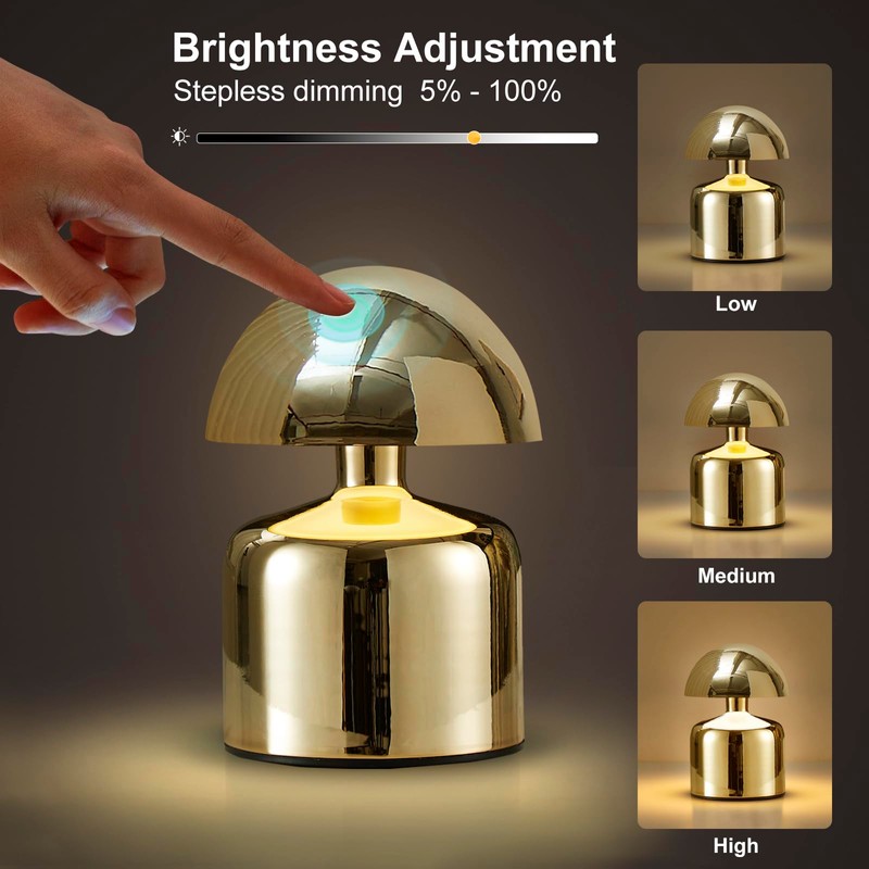 Modern Cordless Mushroom Small Table Lamp Touch LED Lamp, 3-Way