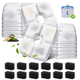 12-Pack Cat Water Fountain Filter Replacement & 12-Pack Pre-Filter Sponges for Square 84oz/2.5L Automatic Cat Fountain Dog Water Dispenser, Triple Filtration System Activated Carbon for Pet Fountain