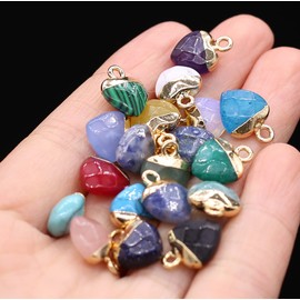 LE SKY 10 Pcs Natural Stone Pendants Heart Shape Mixed Crystal Agate Stone Charms for Jewelry Making Necklace Earrings