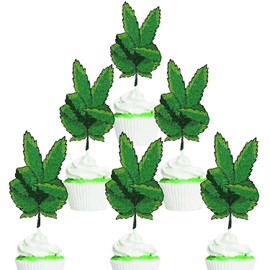 18 Pieces Cupcake Topper Happy Birthday Cool Green Plant Leaves - Natural Plant Grass Jungle Weed Theme Birthday Party Decoration - LIANGSS