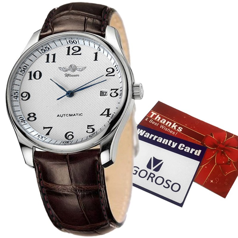 VIGOROSO Men's Automatic Mechanical Watch Day Calendar Leather Band Arabic