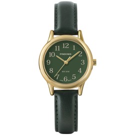 PINDOWS Slim Minimalist Quartz Analog Watch for Women, Gold-Tone Case with Black Leather Strap, Fashionable, Elegant Everyday Dress Wristwatch