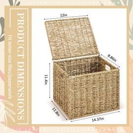 Marspark Seagrass File Storage Box Organizers Decorative File Baskets for Hanging Folders Portable Collapsible Letter Size Document Filing Cabinet with Lid for Office Decor Home,Natural