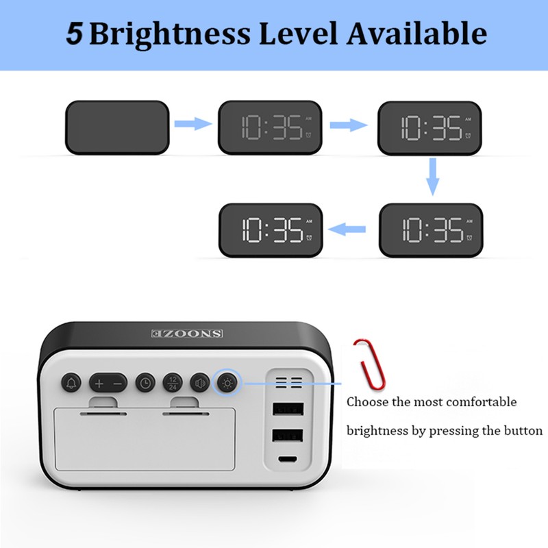 Digital Alarm Clock with USB Port for Charging Adjustable Brightness