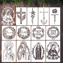 Sitsink Religious Stencils for Crafts Reusable - 12 Pcs Chiristian Cross Inspirational Stencils for Wood Burning Wall Furniture Decor Drawing Template