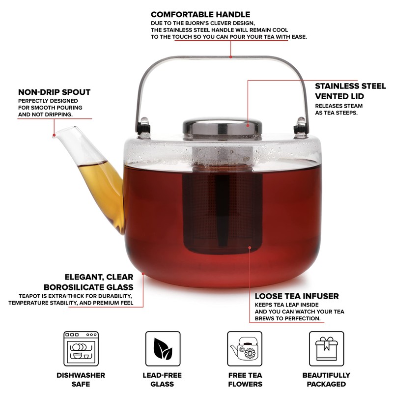 Viva Bjorn Borosilicate Glass Tea Pot for Stovetop with Loose