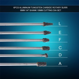 Respicefinem 10mm Rotary Aluminum Cut Burr 6 Pieces 6mm Shank 1/4 Inch Shank Carbide Alloy Rotary Burr Set Versatile File Heads for Woodworking Drilling Metal Engraving Polishing
