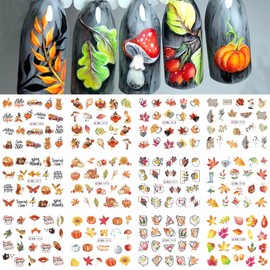 Maple Leaf Nail Stickers Fall Nail Art Water Decals Thanksgiving Day Decal Design Maple Leaf Pumpkin Nail Supplies Turkey Line Letter Nail Foil for Women Thanksgiving Day Manicure Decoration 12Pcs