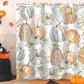 Fall Pumpkin Shower Curtain, Autumn Thanksgiving Day Harvest Home Bathtubs Bathroom Curtain, Watercolor Country Farmhouse Decor Shower Curtain Set with Hooks 72"x72"