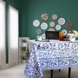 Sweet Us Stella Floral Cotton Block Print Tablecloth and One Gray Napkin, Floral Kitchen Dining Table Cloth, Table Cover for Indoor and Outdoors, Blue Opal, 70 x 102 in