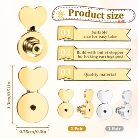 Rubber Earring Backs for Droopy Ears, 4 Pcs Heart Silicone Lifter, 14K Gold Plated Love Earrings for Studs and Heavy Earrings, Secure Earring Backs Replacements