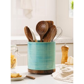 MIKIGEY Utensil Holder, 360° Rotating Extra Large Ceramic Kitchen Utensil Holder for Countertop, Cooking Utensil Crocks for Counter with Rotatable Wooden Base, Farmhouse Kitchen Decor, Green