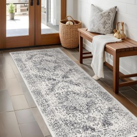 EISUROM Hallway 2x5 Runner Rug - Vintage Non-Slip Long Rugs for Entryway Low-Pile Washable Medallion Runner Rugs for Hallway Waterproof Traditional Runner Rugs Indoor Thin Rug for Kitchen (Grey)